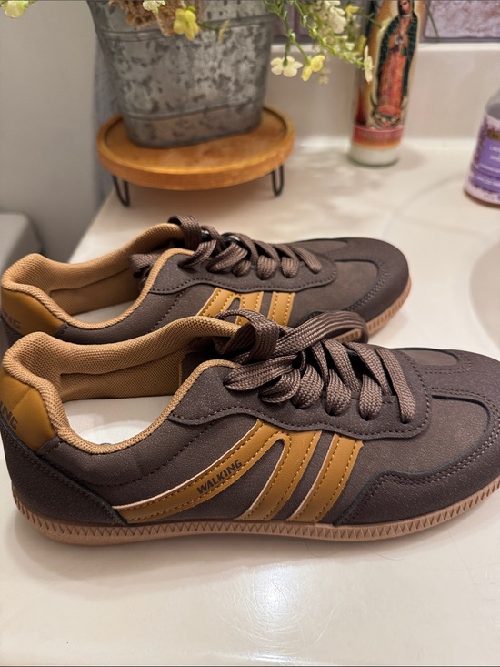 non branded Shoes - Woman’s Brown Casual Sneakers with Tan Stripes -
